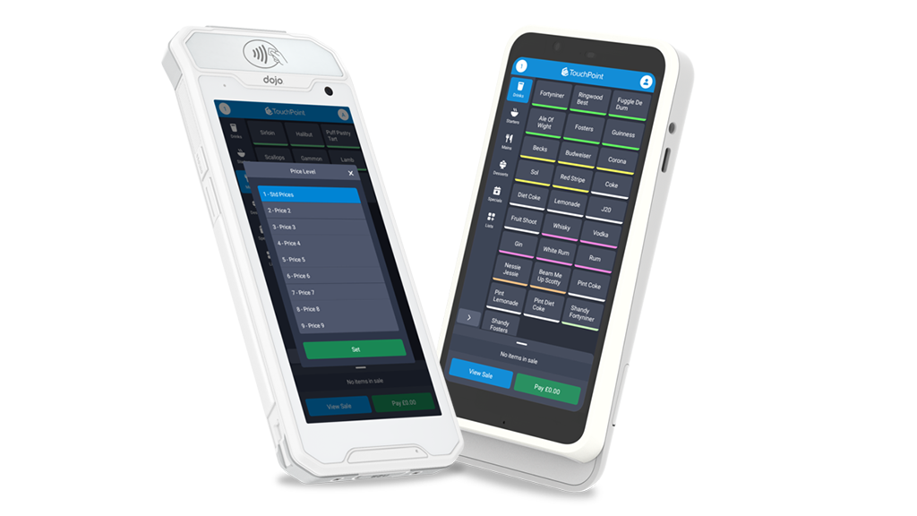 A Dojo pocket and Stripe handheld devices with Touchpoint Lite software installed